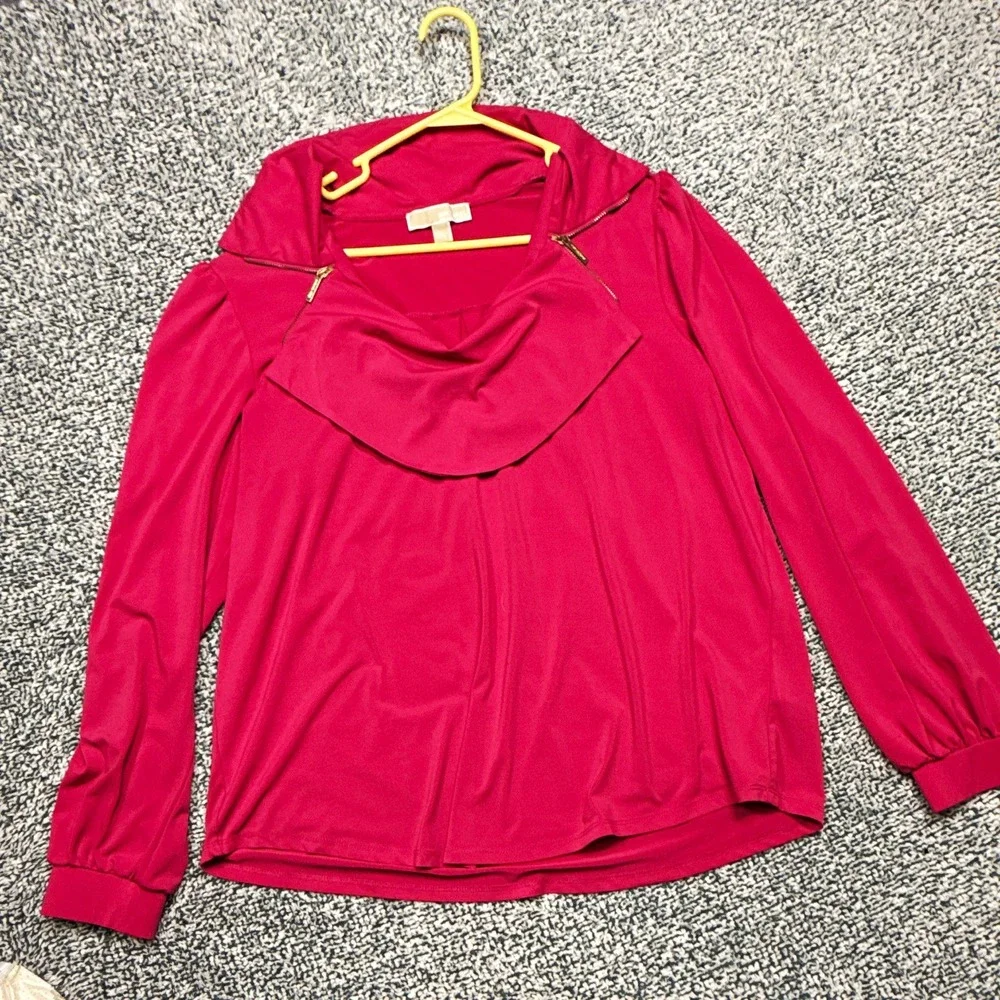 Michael Kors Pink Cowl Neck Zip Accent Knit Blouse XL Long Sleeve Stretch Top